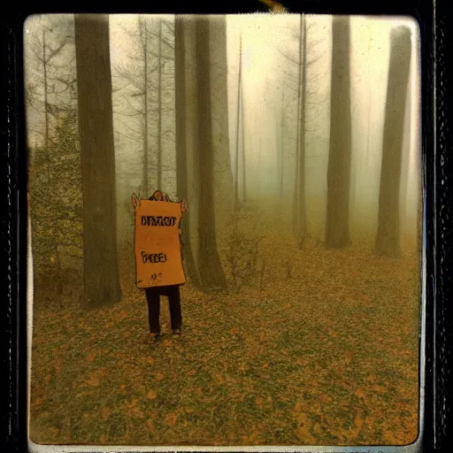 Prompt: the yellow dog man, creepypasta, old colored polaroid, 1 9 2 0's, liminal, foggy forest
