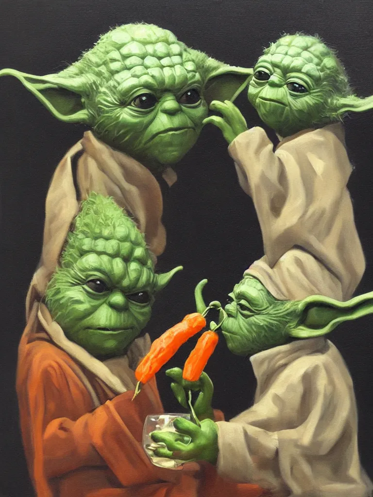 Prompt: old oil painting of a yoda eating carrot and drinking wine, trending on artstation