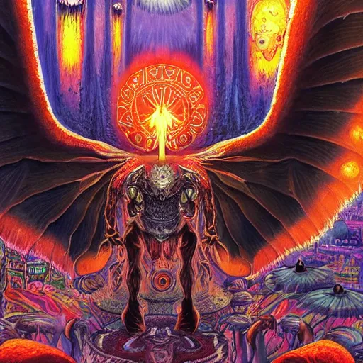 Image similar to A centered chest up portrait of a psychedelic godlike mothman with giant mandala wings smoking a hand-rolled cigarette smoking heavily , magic mushroom village in background , award winning. superb resolution. in the art style of junji Ito and greg rutkowski . Detailed Mushroom city in background. Hyper realistic anime. Perfect art. Dalle2