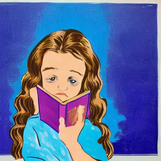 Image similar to a little girl with a mischievous face and short light brown curly wavy hair and blue eyes. she is reading a book. well composed, clean elegant pop art painting, beautiful detailed face.