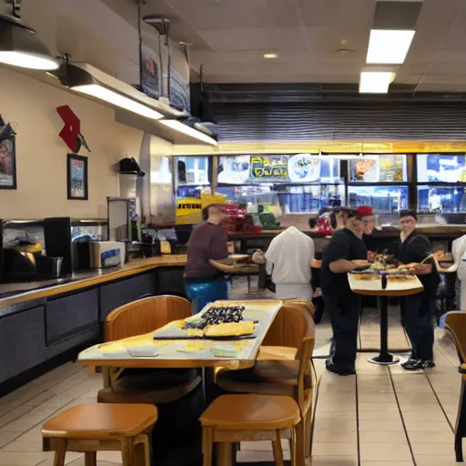 Image similar to busy wafflehouse interior with customers eating breakfast and wafflehouse employees in blue and black uniform serving food and some cooking food behind countertop