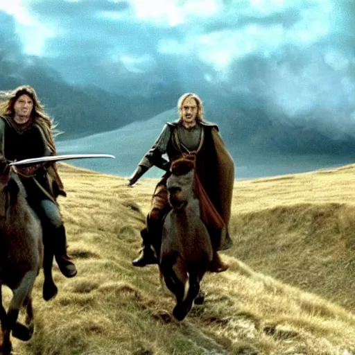 Prompt: still from lord of the rings showing the ride of the rohirrim, riding toward minas tirith on alpacas