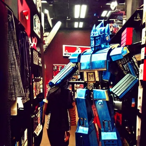 Prompt: “optimus prime shopping for clothes at hot topic”