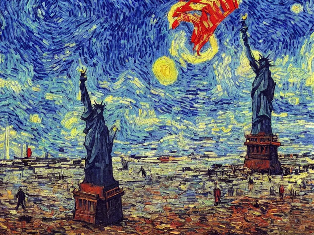 Image similar to bright beautiful oil painting of charlton heston on a beach with a ruined statue of liberty, light scatter, van gogh