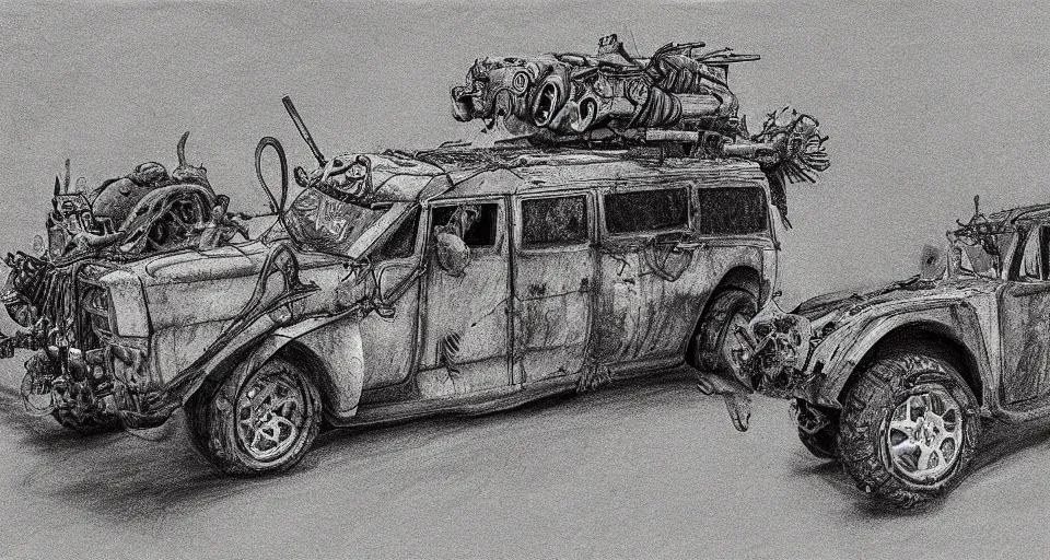 Prompt: graphite drawing of a stylized cartoony fury road car