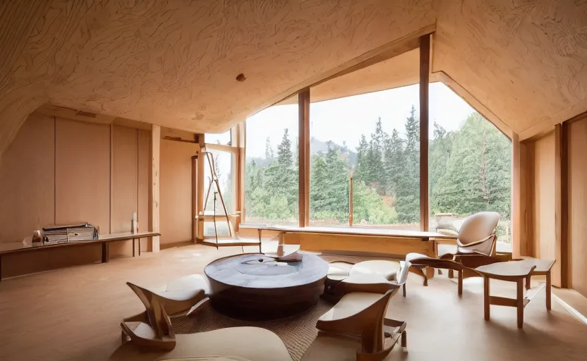 Prompt: luxurious wooden cottage by alvar aalto, modern japanese living room, japanese flower arrangements, coherent composition, architecturally accurate, architecture photography