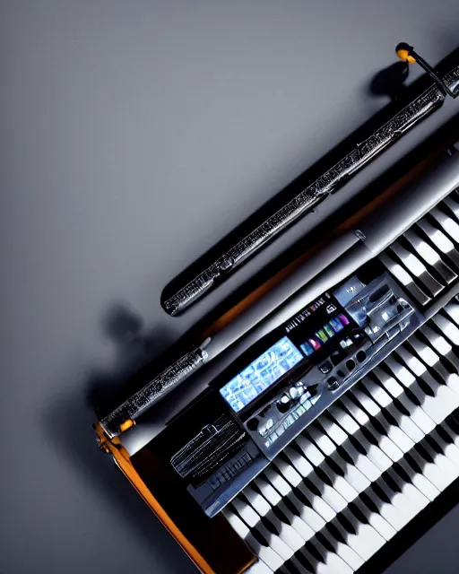 Image similar to 4K, UHD, post-processing Octane render, studio background, adaptative lighting, High Quality render of an electronic melodica, black, glossy, futuristic, highly detailed, intrincated