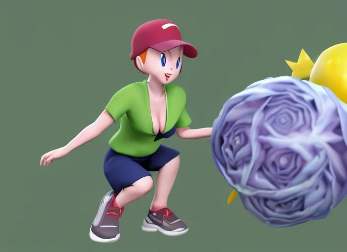 Prompt: Misty from Pokemon is throwing a pokeball at a cabbage. 3D render, action shot