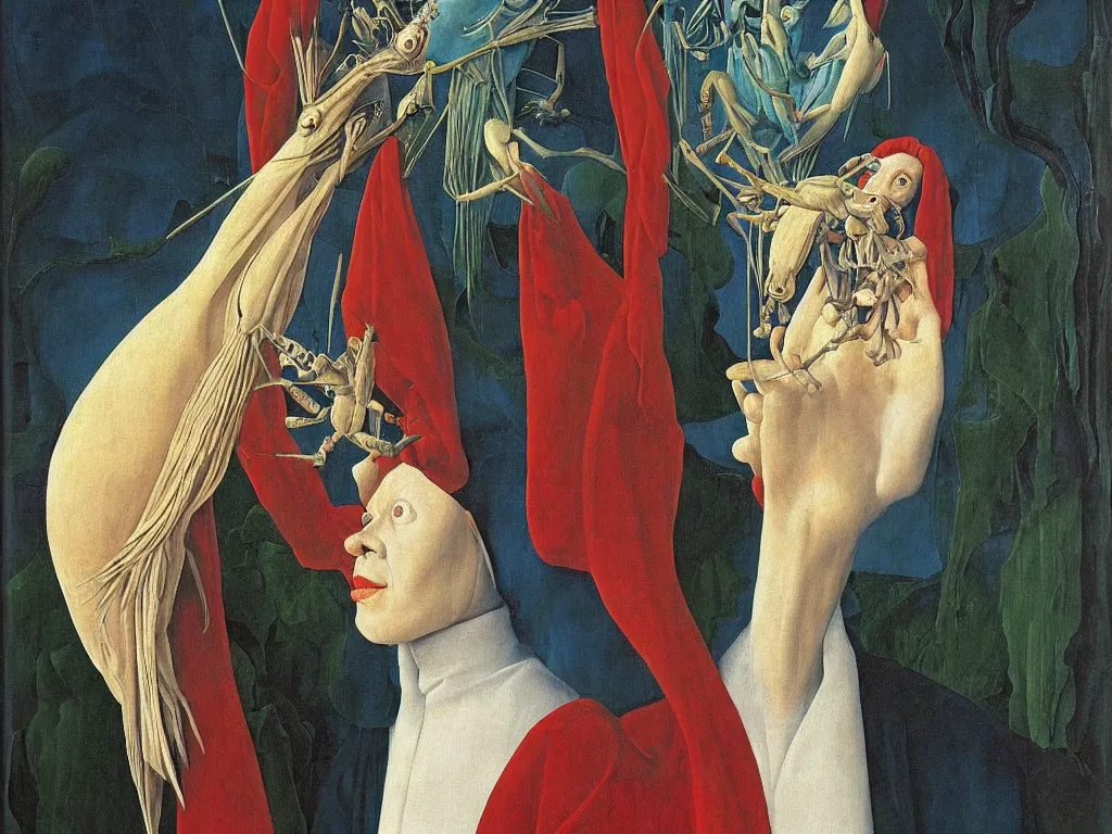 Prompt: portrait of albino mystic with blue eyes, with beautiful exotic giant mantis. Painting by Jan van Eyck, Audubon, Rene Magritte, Agnes Pelton, Max Ernst, Walton Ford