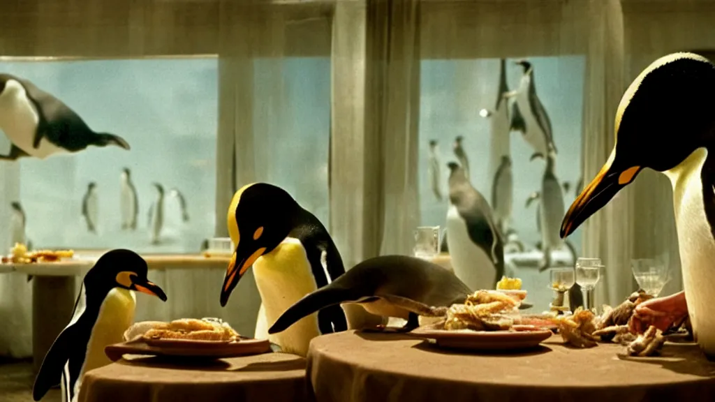 Image similar to restaurant for penguins, film still from the movie directed by denis villeneuve and david cronenberg with art direction by salvador dali and dr. seuss