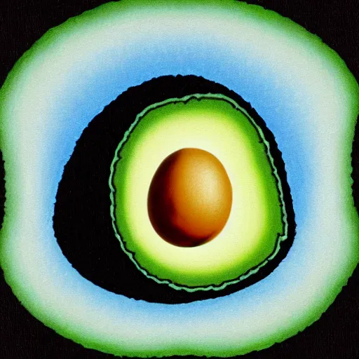 Image similar to bob ross as an embryo inside an avocado