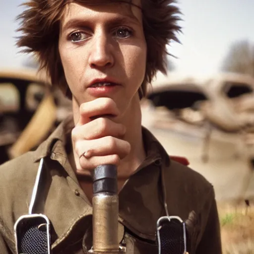 Image similar to close up headshot of a skinny high-fantasy elf with a long face narrow chin and spiky blonde hair wearing dark brown overalls and holding a bomb next to a destroyed car, high resolution film still, HDR color