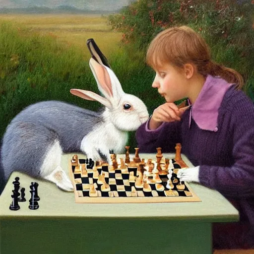 Image similar to two rabbits drinking tea and playing chess. Painting of rabbits in sweaters by James Gurney.