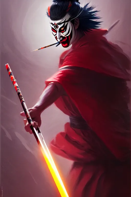 Image similar to portrait of a mad kabuki warrior wielding a spear doing a mie and emitting a visible aura of madness, crossed eyes, hazy, greg rutkowski style, high quality, 8 k,