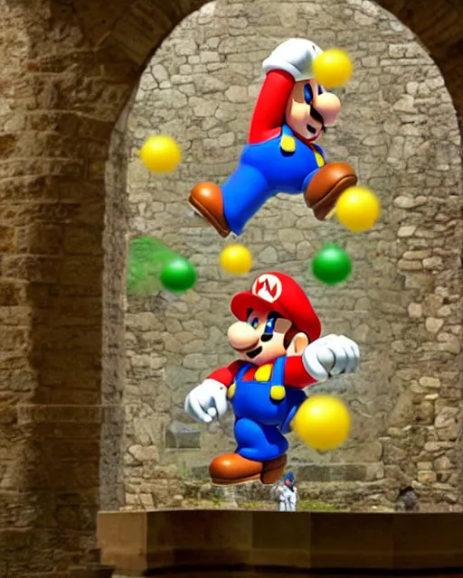 Prompt: a massive sculpture in a medieval castle of super mario spewing mushrooms from his mouth