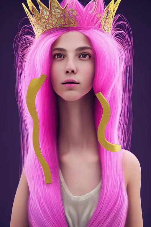 Prompt: portrait of real life princess bubblegum, pink bubblegum textured skin, long thick hair strands made of bubblegum, wearing a thin gold tiara with a sapphire gem, wearing a white lab coat, golden castle background, photorealistic, portrait lighting, rembrandt lighting, 3 d, octane render