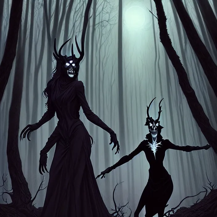 Image similar to style artgerm, joshua middleton, diego fazio, gerald brom, scary wendigo with antlers and skull face mixed with werewolf : : [ beautiful witch wearing a black dress on the right side ] : : in the forest, detailed, dark and foggy, cinematic lighting