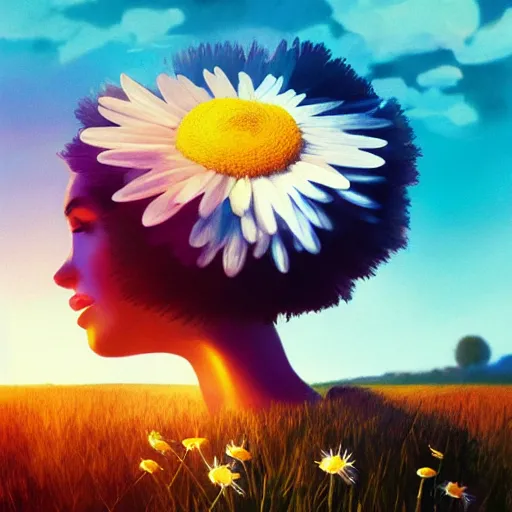 Image similar to girl with a giant daisy head, surreal photography, flower field, sunset dramatic light, impressionist painting, colorful clouds, blue sky, digital painting, artstation, simon stalenhag