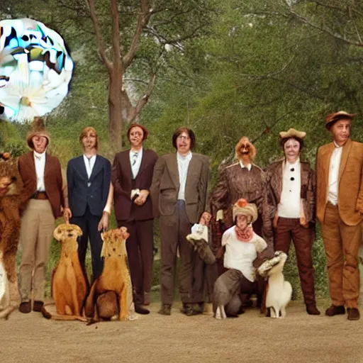 Prompt: zoo animals gathering for a full moon night, wes anderson style