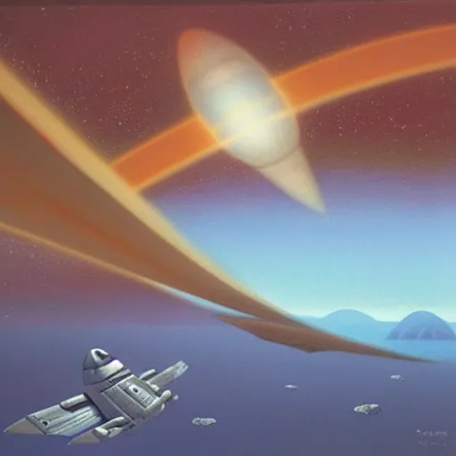 Prompt: spaceship flying over epic sci - fi landscape, painting by ralph mcquarrie