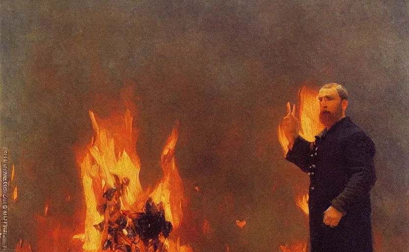 Image similar to high quality high detail painting by ilya repin, man standing in front of huge fire, hd