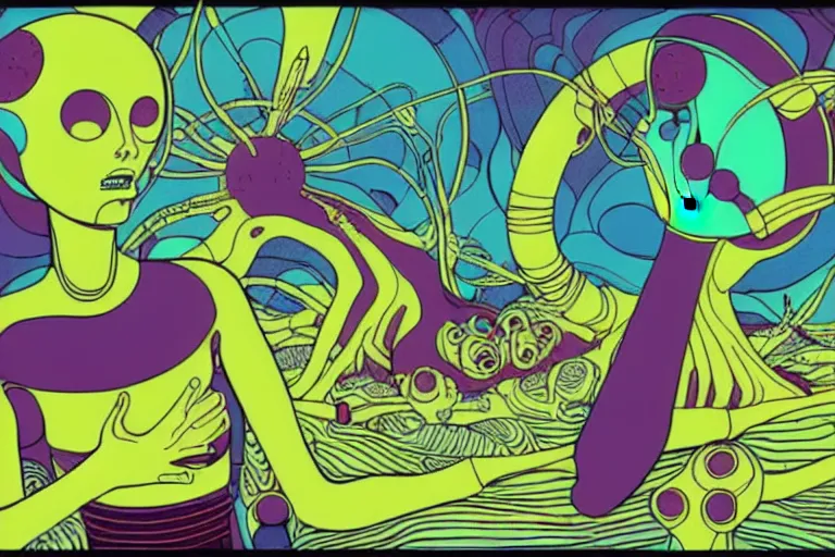 Prompt: a scifi illustration of a psychedelic cyborg flat colors, limited palette in FANTASTIC PLANET La planète sauvage animation by René Laloux