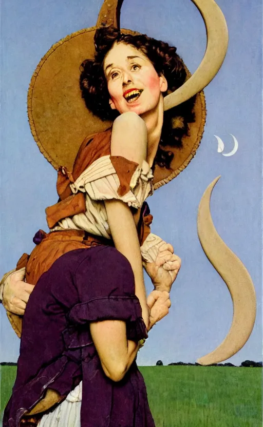 Image similar to norman rockwell style, woman!!! brown hair!! lavender field! crescent moon