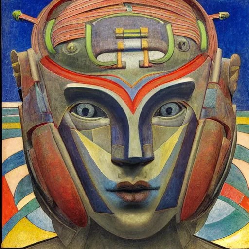 Image similar to head of a robot shaman, by annie swynnerton and edward hopper and jean delville and rufino tamayo and diego rivera and evelyn de morgan, art deco shaman, stylized geometric flowers, art brut, outsider art, symbolist, dramatic lighting, god rays, clean crisp graphics, smooth sharp focus, extremely detailed, adolf wolfli