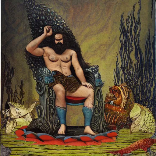 Image similar to The illustration shows a mythological scene. A large, bearded man is shown seated on a throne, surrounded by sea creatures. He has a trident in one hand and a shield in the other. Behind him is a large fish, and in front of him are two smaller creatures. rococopunk by William Wegman, by John Atkinson Grimshaw angular, kaleidoscopic