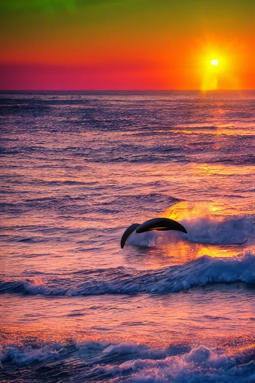 Image similar to dslr, insanely beautiful surf, sunset, aurora, billions of stars, insane details, flying dolphins, hyper reallistic, 8 k,, ultra clear detail, hdr, textured, award winning, professional photography