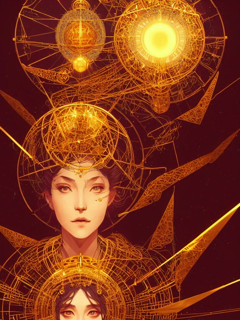 Prompt: 3 / 4 view of the goddess of creation staring intently at the camera in a golden gawn made of hexagons, a giant mechanical clockwork planetarium in the background, triangular patterns, golden lights, art by guweiz, intricate, elegant, highly detailed, smooth, sharp focus, artstation