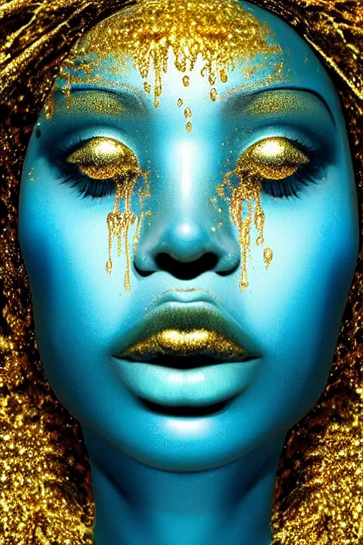 Image similar to hyperrealistic precisionist cinematic very expressive! oshun goddess, water mirror dripping droplet!, gold flowers, highly detailed face, digital art masterpiece, smooth eric zener cam de leon, dramatic pearlescent turquoise light on one side, low angle uhd 8 k, shallow depth of field