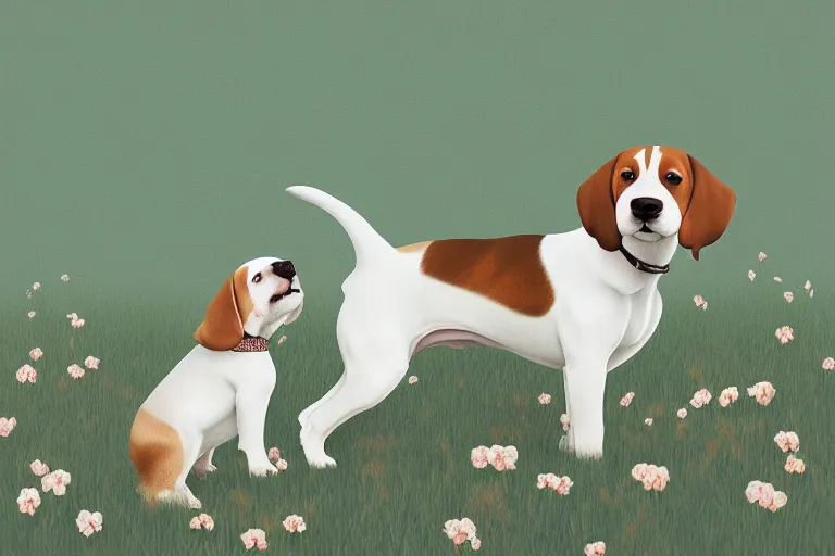 Prompt: white and brown beagle dog playing a flowery field by Hsiao-Ron Cheng