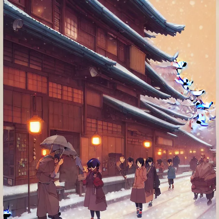 Image similar to japanese big city, winter, in the style of studio ghibli, j. c. leyendecker, greg rutkowski, artem