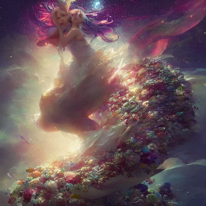 Image similar to glimmering whale, flowing dress, flowers, cosmos, milky way galaxy, golden hour, god rays, coral reef, dreamscape by artgerm and ruan jia and ismail inceoglu and greg olsen, masterpiece, beautiful, intricate, elegant, highly detailed