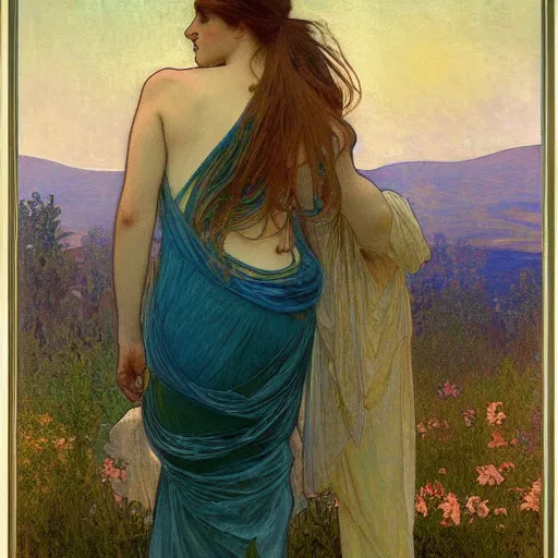 Image similar to tempera composed by alphonse mucha, by meredith marsone, by alexandre cabanel. the sculpture of two lakes in connecticut, with mountains in the distance.