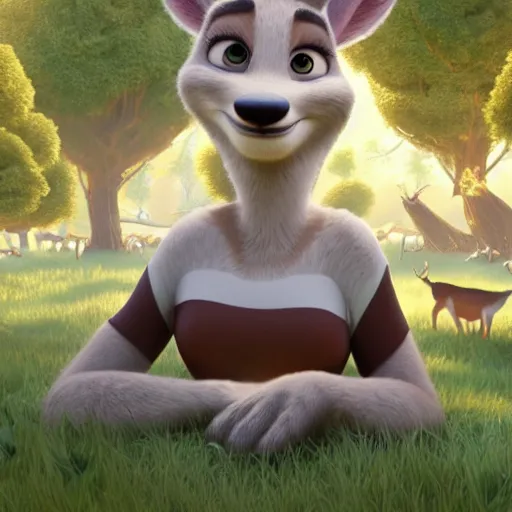 Image similar to portrait, 3 d render, tall little fat, anthropomorphic female deer, wearing along white dress, in the style of zootopia,