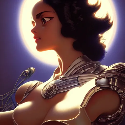 Image similar to battle angel Alita, dark fantasy, medium shot, intricate, elegant, highly detailed, digital painting, volumetric light, artstation, concept art, smooth, sharp focus, illustration, art by Gil Elvgren and Greg Rutkowski and Alphonse Mucha