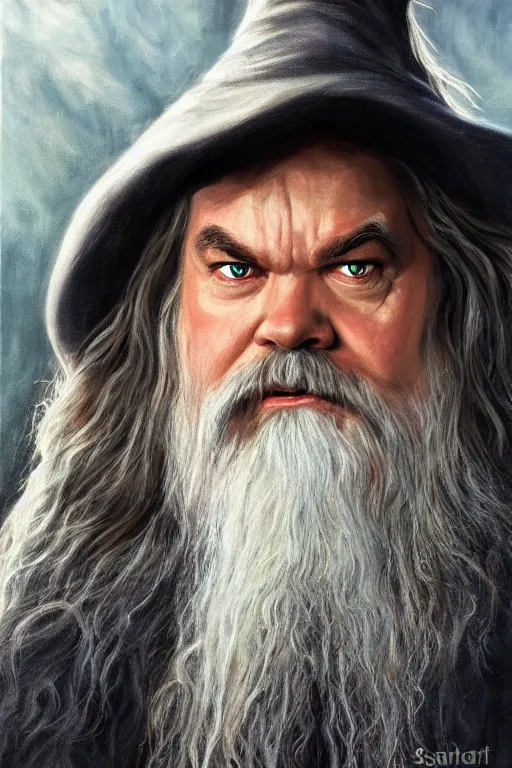 Image similar to A realistic portrait painting of Jack Black as Gandalf in LOTR by Sebastian Krüger