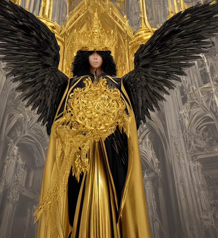 Prompt: full length picture angel wearing black robe with gold wings in an elaborate cathedral, sharp focus, DOF, unreal engine, 8k, ultra detailed, photorealistic + sigma 105mm f2.8 macro