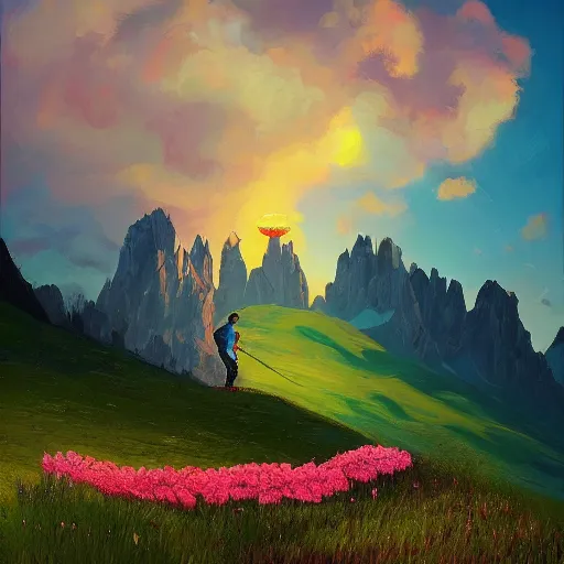 Prompt: giant carnation flower as a head, girl hiking in the dolomites, surreal photography, sunrise, dramatic light, impressionist painting, colorful clouds, digital painting, artstation, simon stalenhag