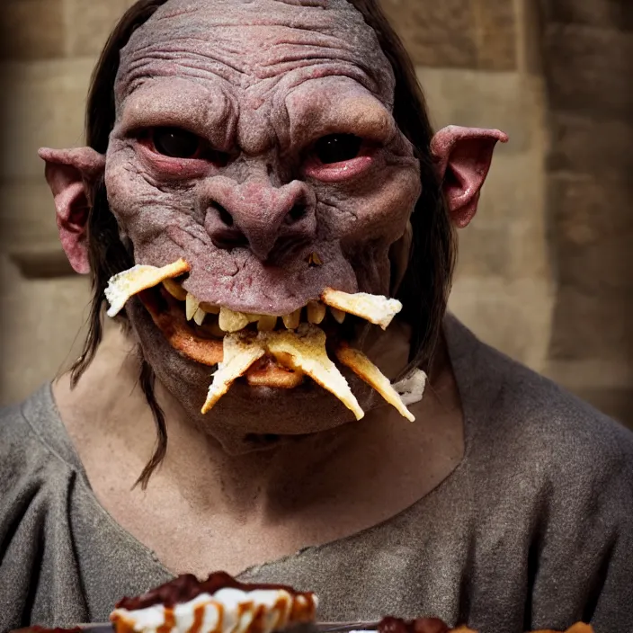 Image similar to closeup profile face portrait of a medieval goblin eating cakes in the cloisters, depth of field, zeiss lens, detailed, symmetrical, centered, fashion photoshoot, by annie leibovitz and steve mccurry, david lazar, jimmy nelsson, breathtaking, 8 k resolution, extremely detailed, beautiful, establishing shot, artistic, hyperrealistic, beautiful face, octane render