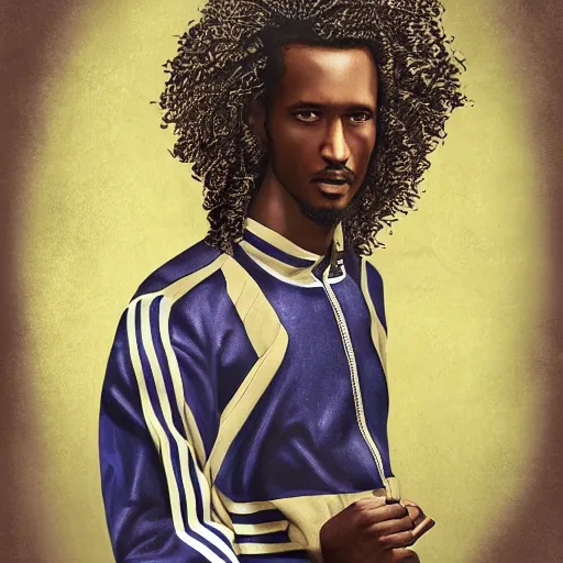 Image similar to a somali man with long curly hair, dressed in adidas clothing, intricate, elegant, highly detailed, centered, digital painting, smooth, cinematic