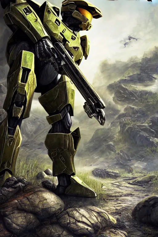 Image similar to master chief from halo picking up easter eggs, picking up easter eggs, oil on canvas, intricate, 8 k highly professionally detailed, hdr, cgsociety