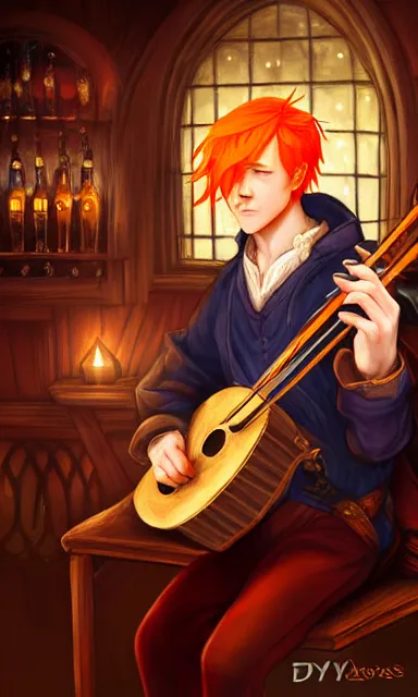 Prompt: a bard playing his lute in a pub, d & d, orange hair, portrait, sharp focus, fantasy, digital art, concept art, dynamic lighting, epic composition, by emylie boivin, rossdraws