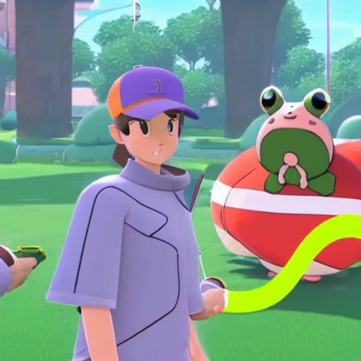 Prompt: frog pokemon trainer, wes anderson, screenshot from pokemon sword and shield