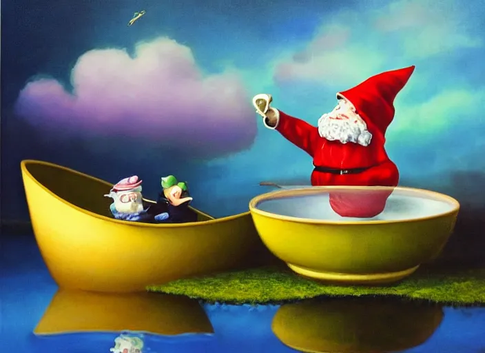 Image similar to a garden gnome sailing in a teacup, whimsical background of a reflective pond on a sunny day with dramatic clouds, an ultrafine detailed painting by mark ryden, trending on deviantart, pop surrealism, whimsical, lowbrow, grotesque