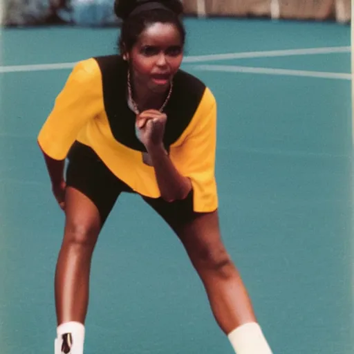 Prompt: a medium full shot, german and eastern european mixture polaroid photograph depicting a black woman with dark brown skin, long, swirling black hair, and jade colored eyes, playing tennis. she is wearing wearing a classicist outfit in 1 9 8 2.