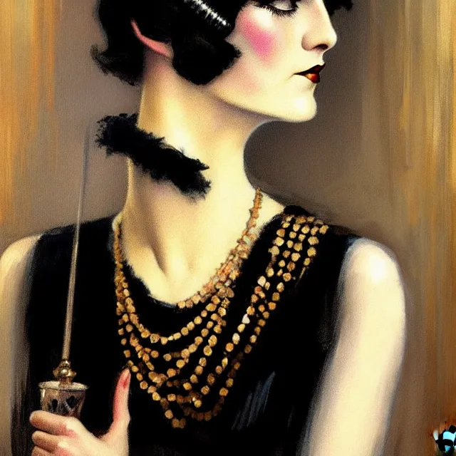 Prompt: 1 9 2 0 s woman in a flapper portrait, atmospheric lighting, painted, intricate, ultra detailed by frank frazetta, leesha hannigan, thierry doizon, kai carpenter, well composed, best on artstation, cgsociety, epic, stunning, gorgeous, intricate detail, wow, masterpiece