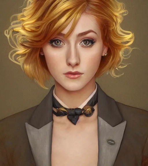 Image similar to katherine mcnamara wearing a golden dress, grey hair, red necktie, cinematic, stunning, highly detailed, digital painting, artstation, smooth, hard focus, full body shot, illustration, art by artgerm and greg rutkowski and alphonse mucha